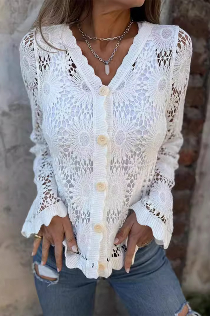 Lace Hollow Out Buttons V Neck Blouses(3 Colors)