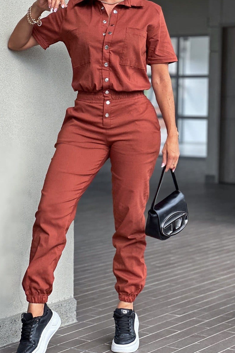 Pocket Buckle Patchwork Turndown Collar Regular Jumpsuits(4 Colors)