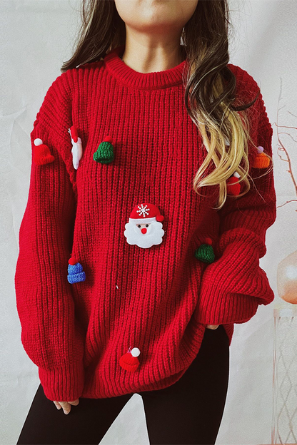 Santa Claus Christmas Tree Patchwork Weave O Neck Sweaters