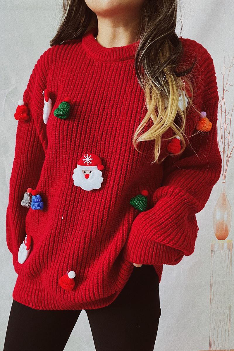 Santa Claus Christmas Tree Patchwork Weave O Neck Sweaters