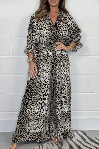 Leopard Contrast V Neck Loose Jumpsuits(4 Colors)