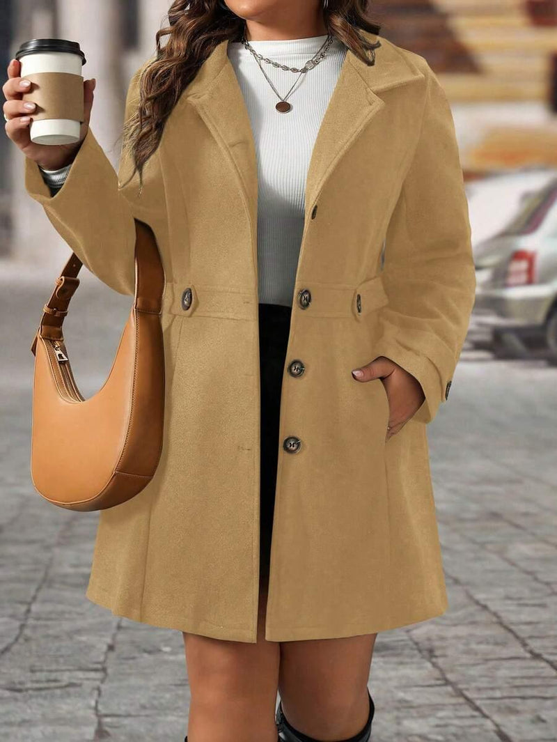 Knit Coat Black Lapel Button Decor Waisted Midi