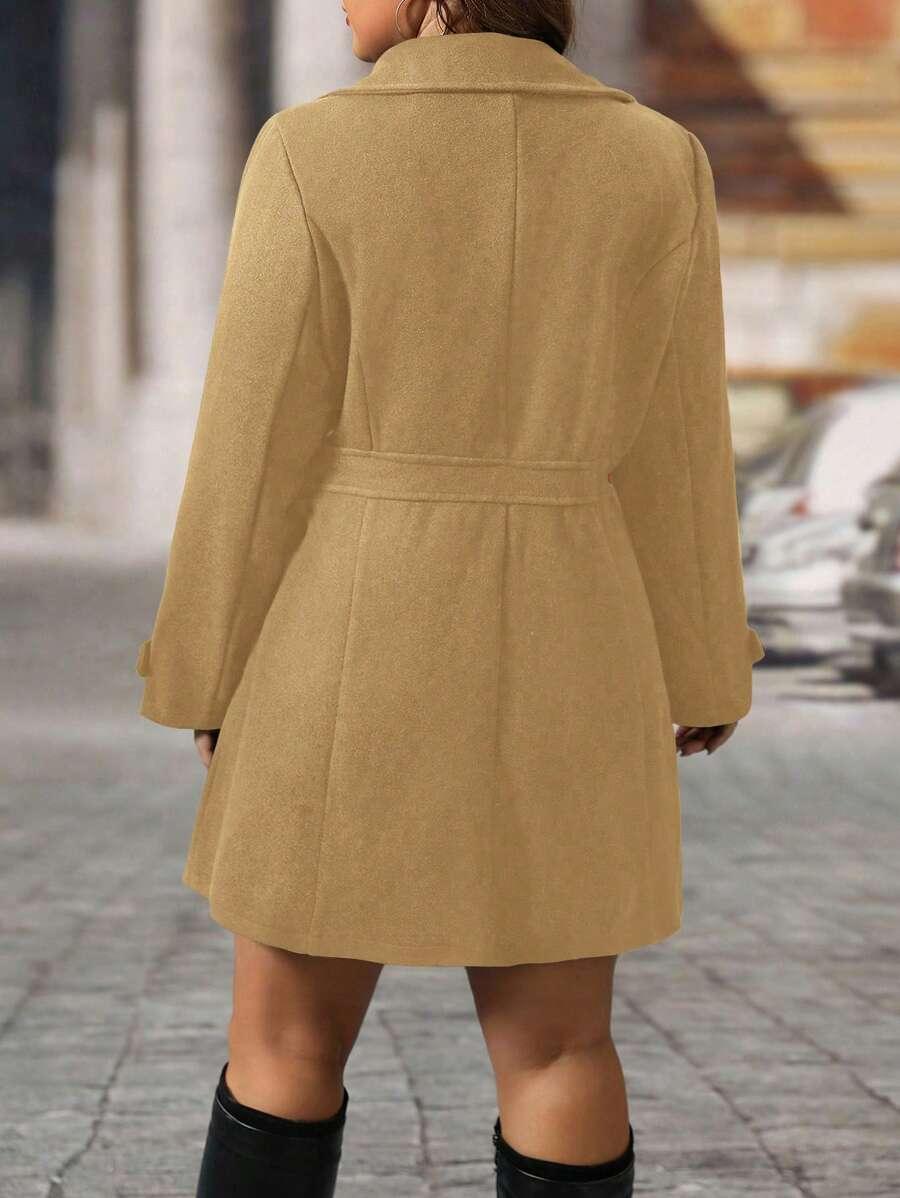 Knit Coat Black Lapel Button Decor Waisted Midi
