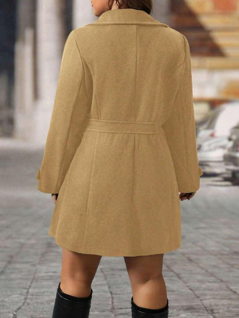 Knit Coat Black Lapel Button Decor Waisted Midi