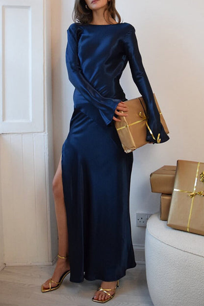 Backless Slit O Neck Long Dresses(4 Colors)