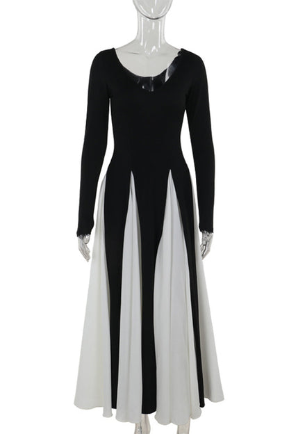 Patchwork Contrast V Neck Long Dresses