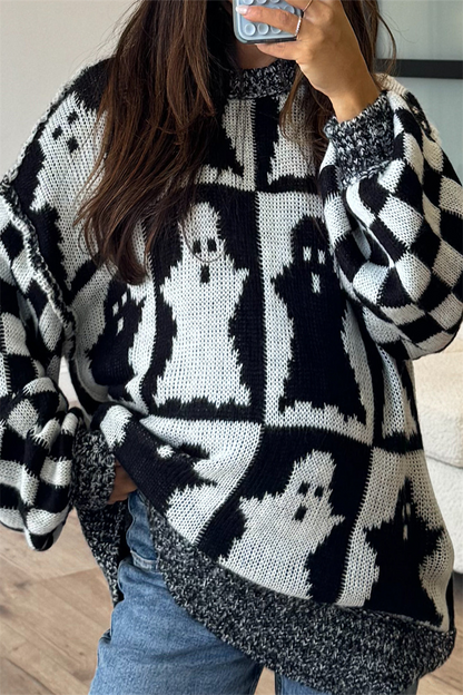 Plaid Weave Contrast O Neck Sweaters