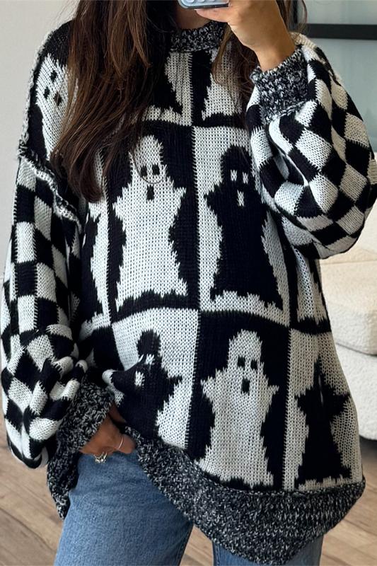 Plaid Weave Contrast O Neck Sweaters
