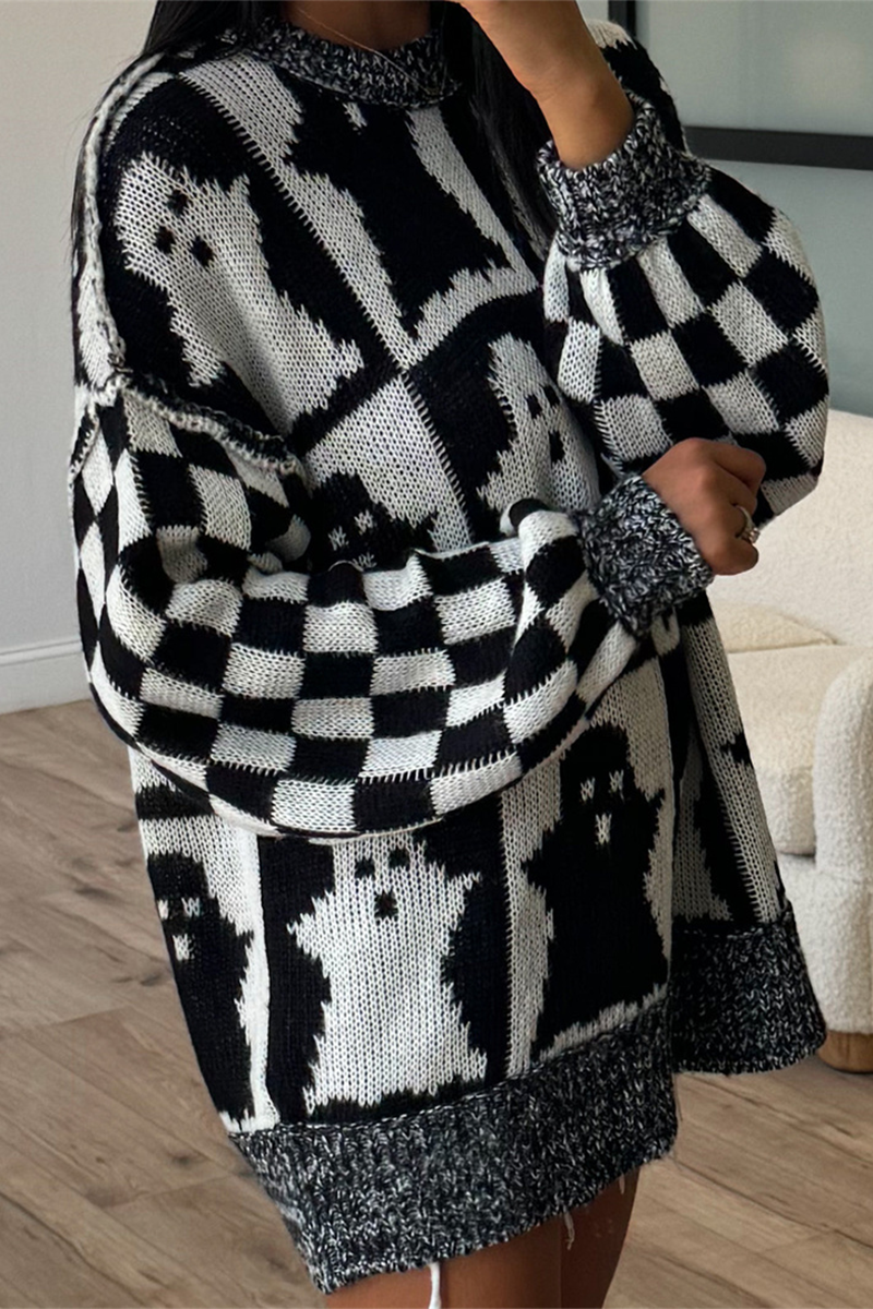 Plaid Weave Contrast O Neck Sweaters