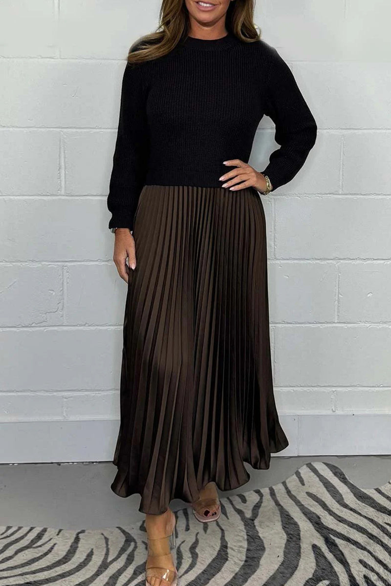 Patchwork Contrast O Neck Long Dresses(9 Colors)