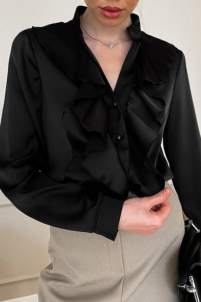 Buttons Ruffle Mandarin Collar Blouses