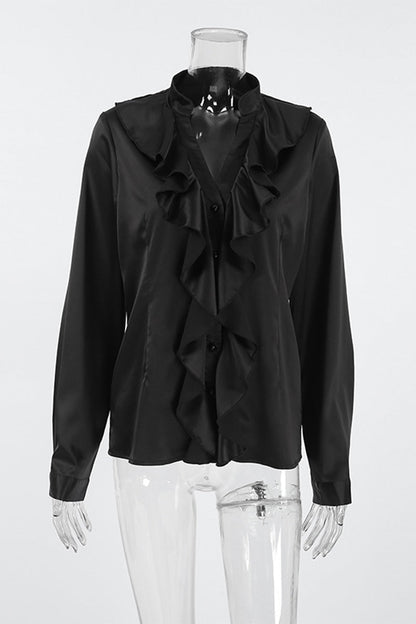 Buttons Ruffle Mandarin Collar Blouses