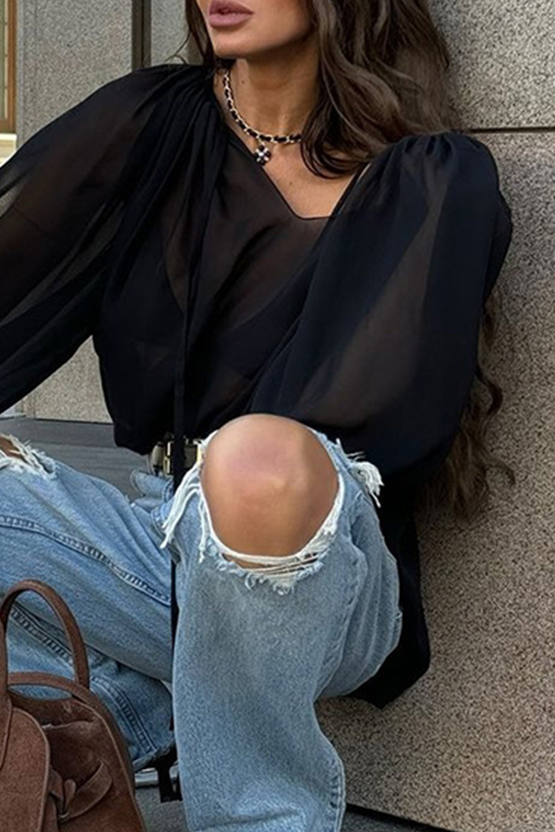 Lace Up See-through V Neck Blouses