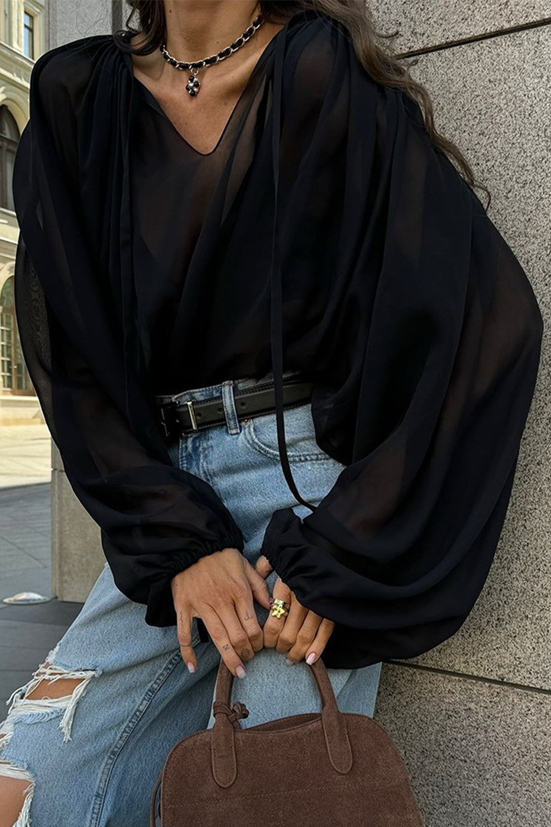 Lace Up See-through V Neck Blouses