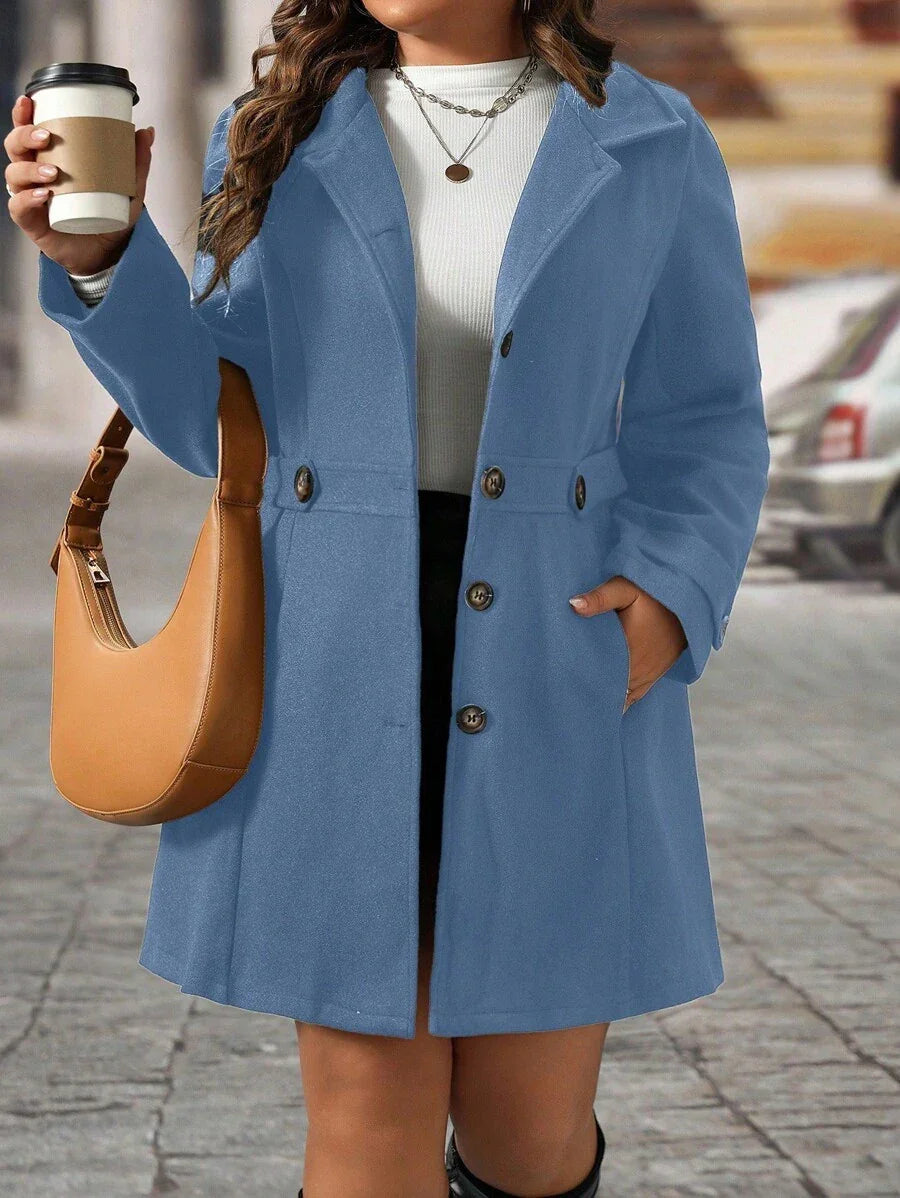 Knit Coat Black Lapel Button Decor Waisted Midi