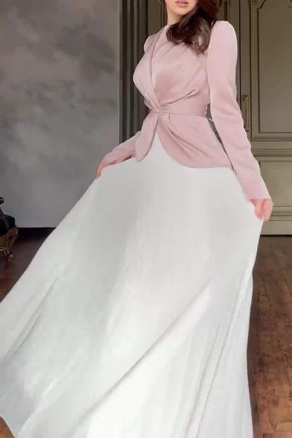 Ruched Strap Design Contrast O Neck Waist Skirt Dresses