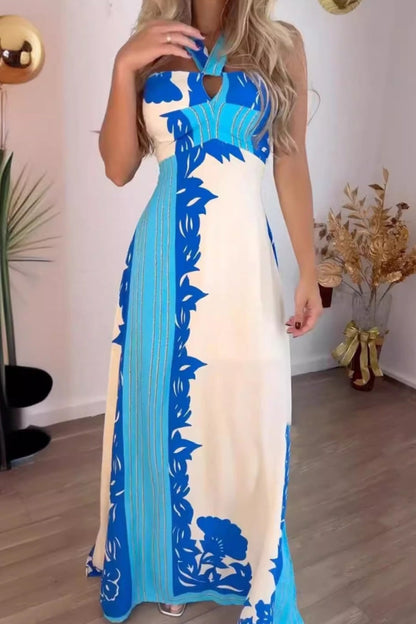 Vacation Print Lace Up Backless Slit Halter Long Dresses(4 Colors)