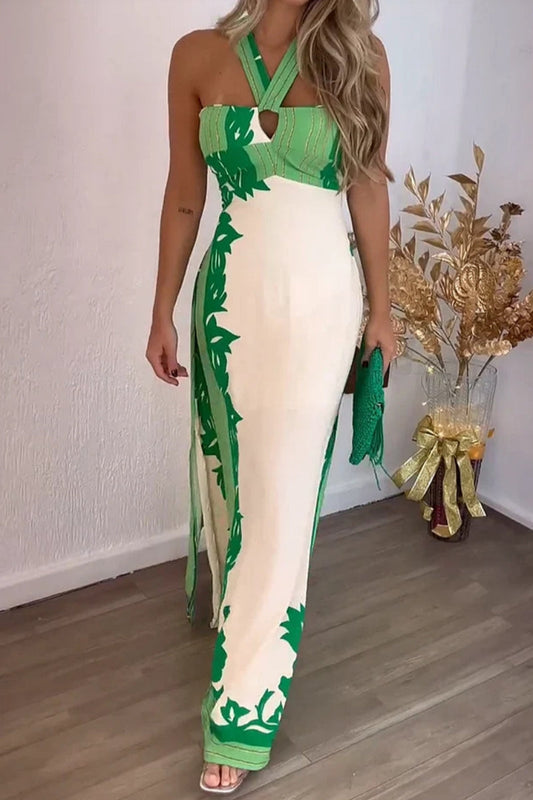 Vacation Print Lace Up Backless Slit Halter Long Dresses(4 Colors)