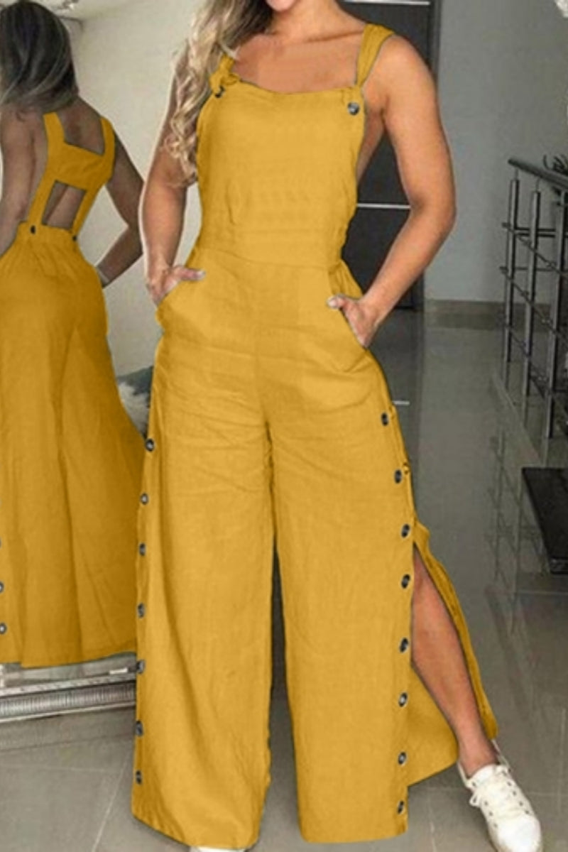 Buttons Backless Spaghetti Strap Regular Jumpsuits(5 Colors)