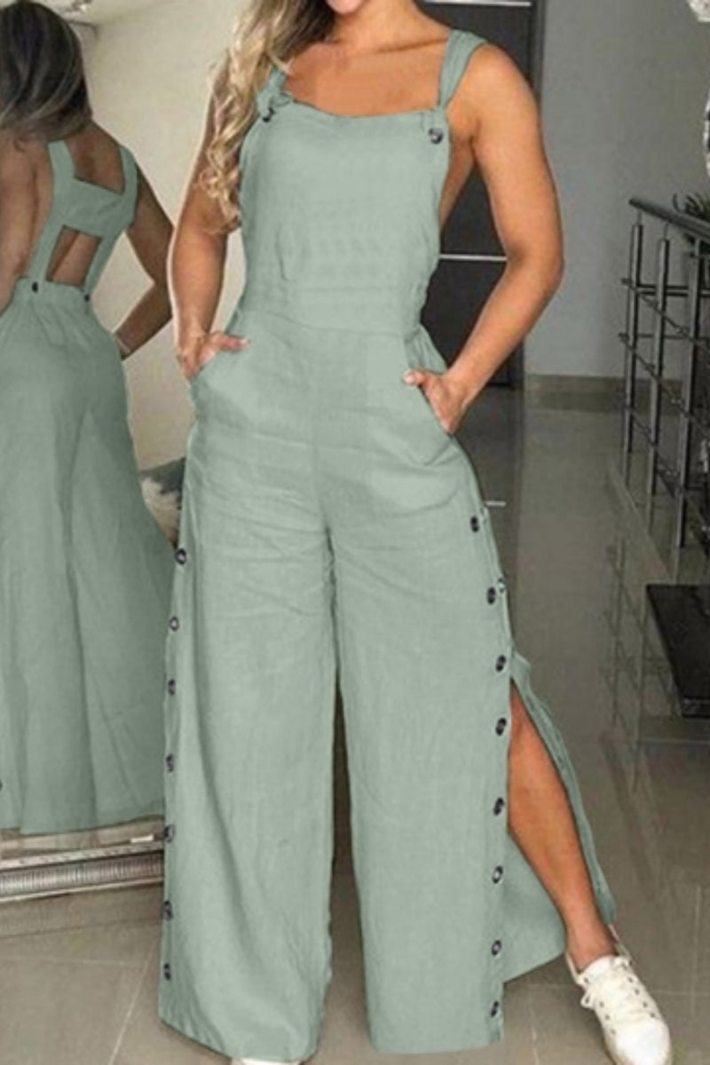 Buttons Backless Spaghetti Strap Regular Jumpsuits(5 Colors)