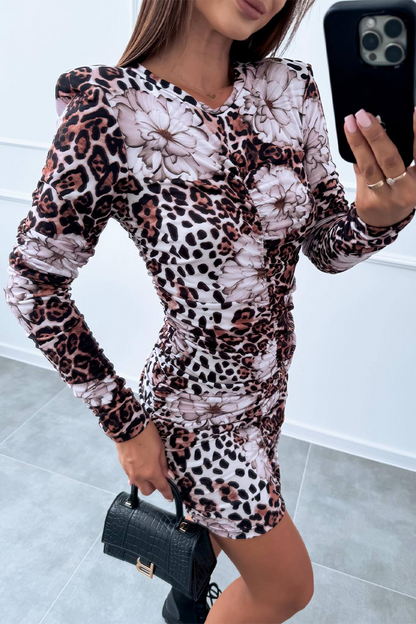 Street Leopard Print Flowers Contrast O Neck Wrapped Skirt Dresses