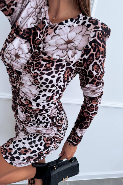 Street Leopard Print Flowers Contrast O Neck Wrapped Skirt Dresses