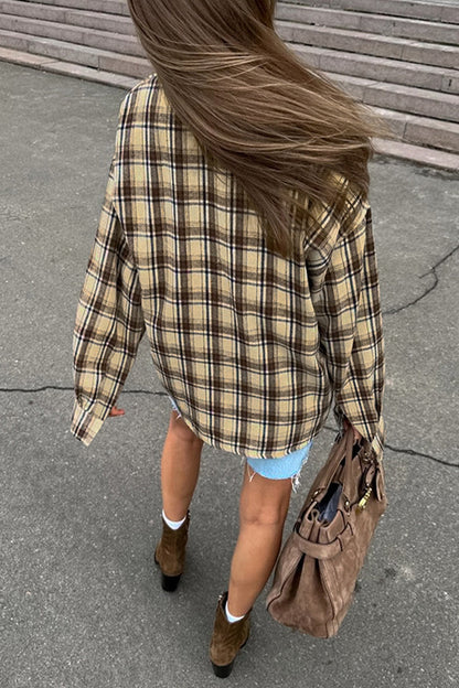 Plaid Buttons Contrast Turndown Collar Blouses