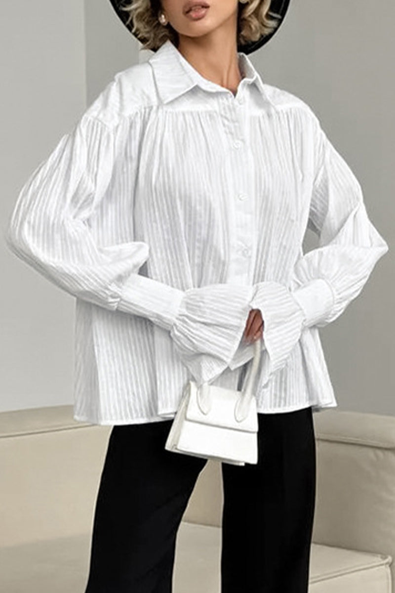 Jacquard Buttons Texture Turndown Collar Blouses