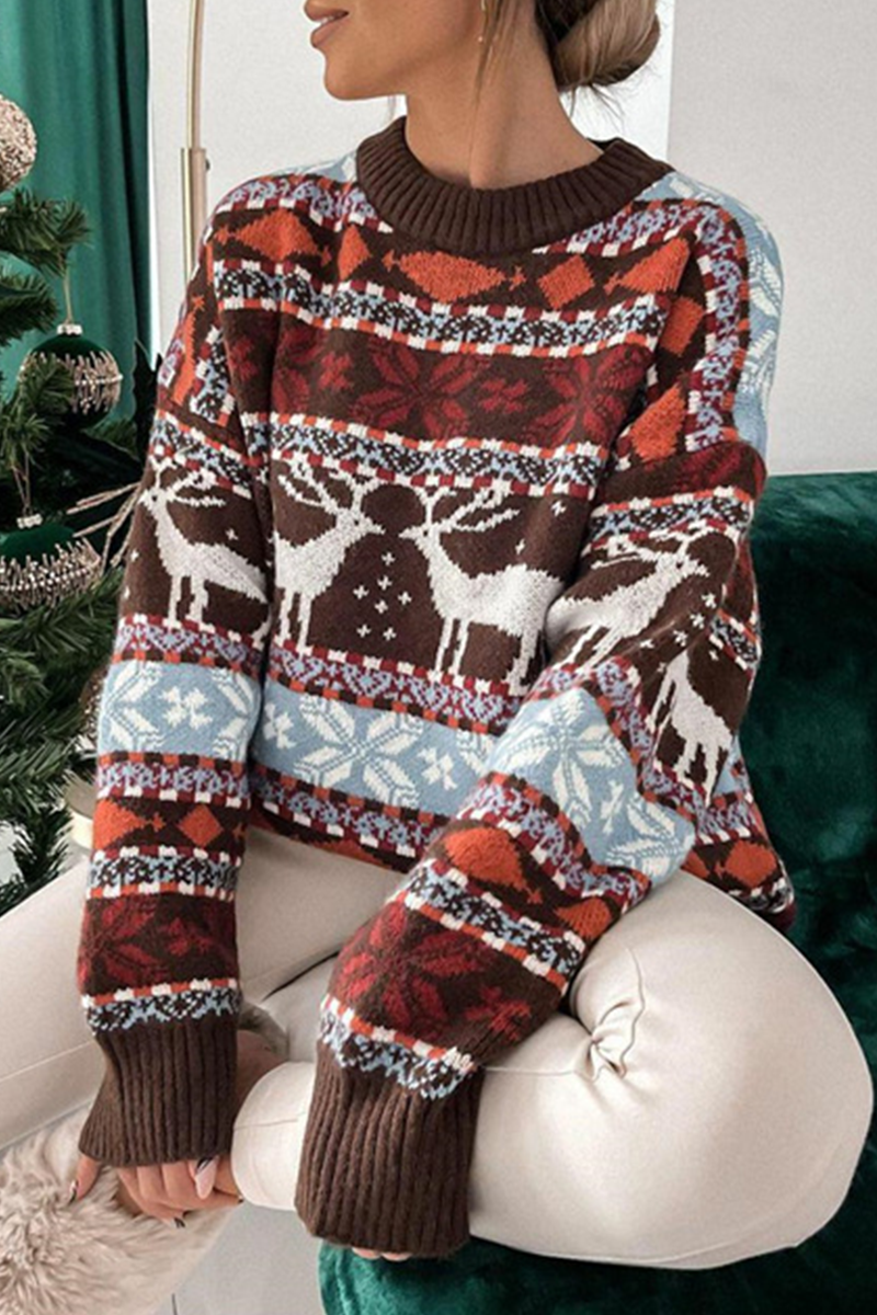 Wapiti Snowflakes Weave Contrast O Neck Sweaters(3 Colors)