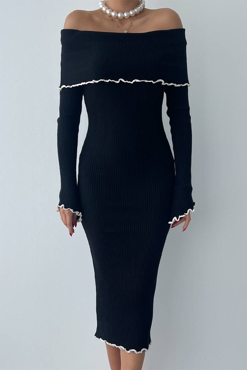Patchwork Contrast Potholes Off Shoulder One Step Skirt Dresses
