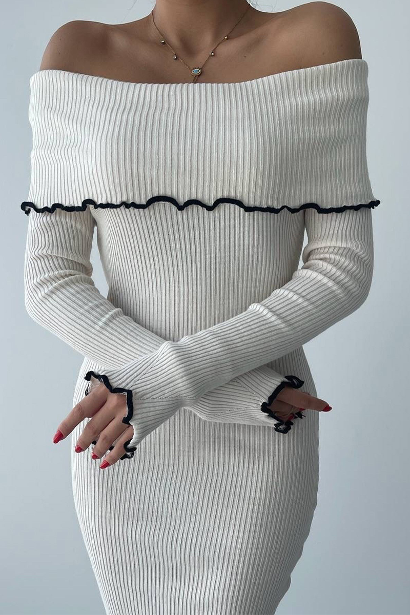 Patchwork Contrast Potholes Off Shoulder One Step Skirt Dresses
