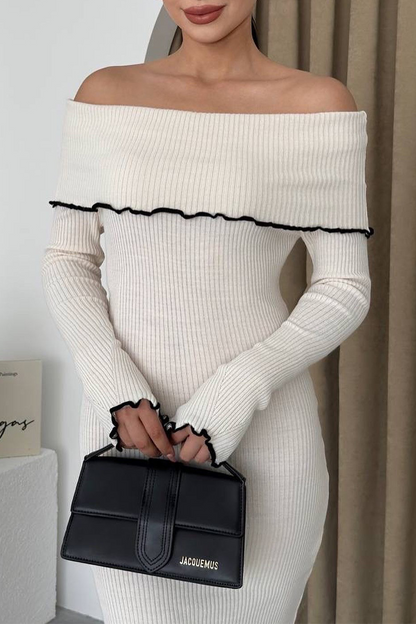 Patchwork Contrast Potholes Off Shoulder One Step Skirt Dresses