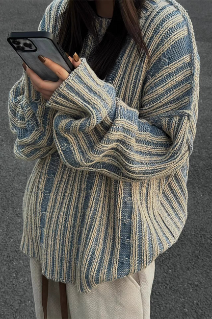 Stripe Weave Contrast Potholes O Neck Sweaters