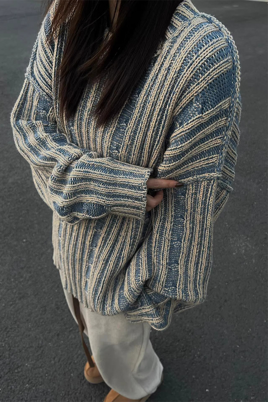 Stripe Weave Contrast Potholes O Neck Sweaters