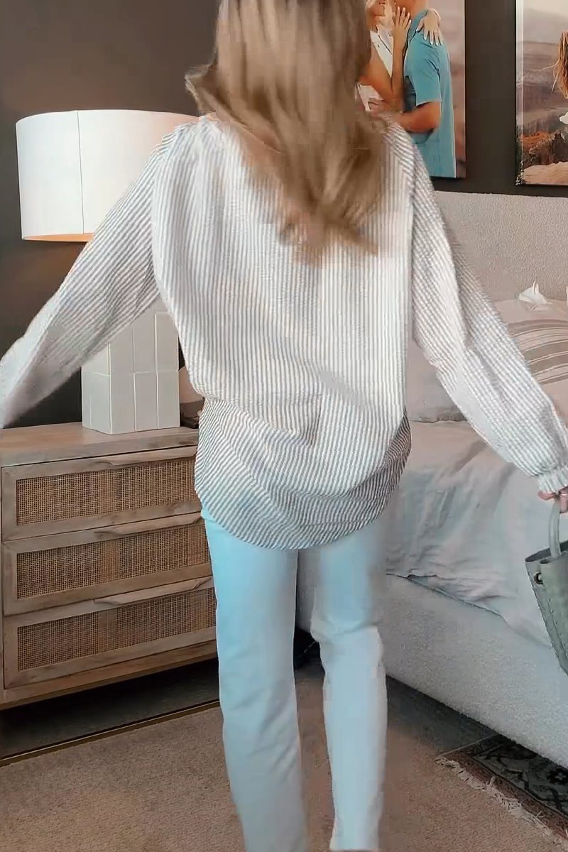 Stripe Lace Up Patchwork Contrast V Neck Blouses(4 Colors)