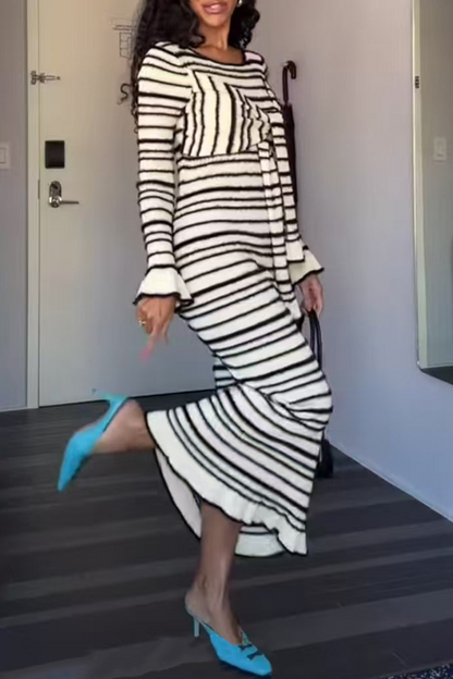 Stripe Patchwork Bow Decor Contrast O Neck One Step Skirt Dresses