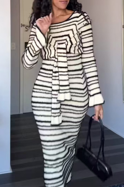 Stripe Patchwork Bow Decor Contrast O Neck One Step Skirt Dresses