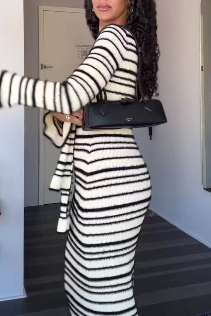 Stripe Patchwork Bow Decor Contrast O Neck One Step Skirt Dresses