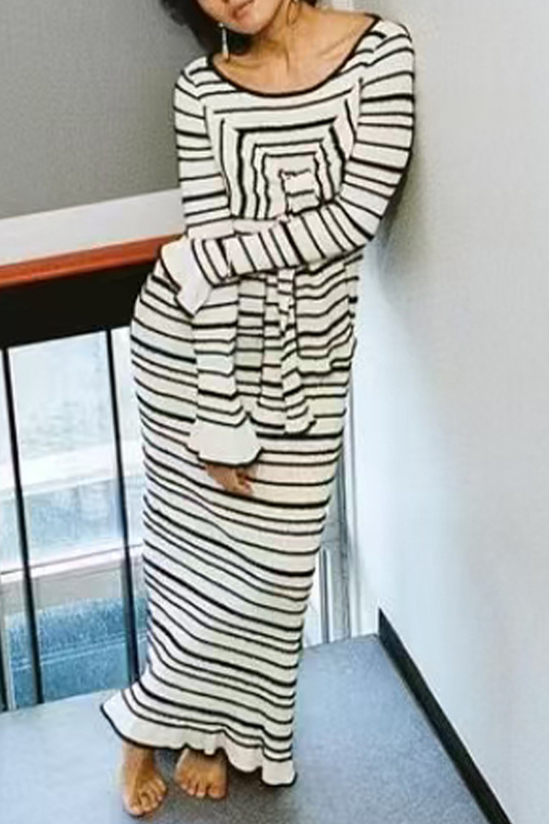 Stripe Patchwork Bow Decor Contrast O Neck One Step Skirt Dresses