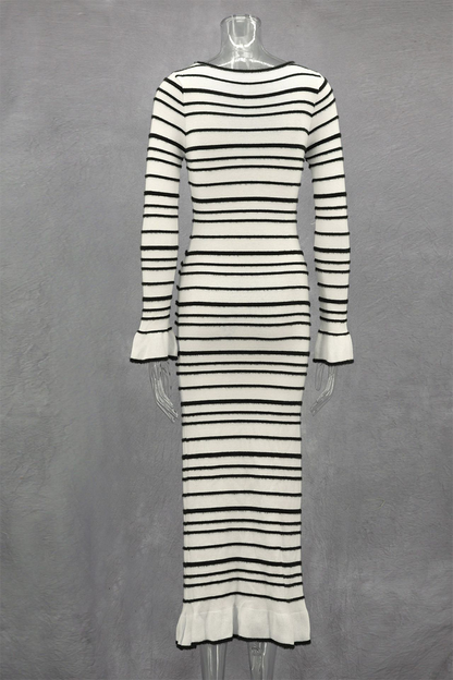 Stripe Patchwork Bow Decor Contrast O Neck One Step Skirt Dresses