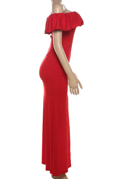 Patchwork Backless High Slit Off Shoulder Long Dresses