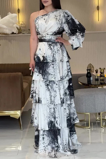 Print Ruffle Sloping Shoulder Long Dresses