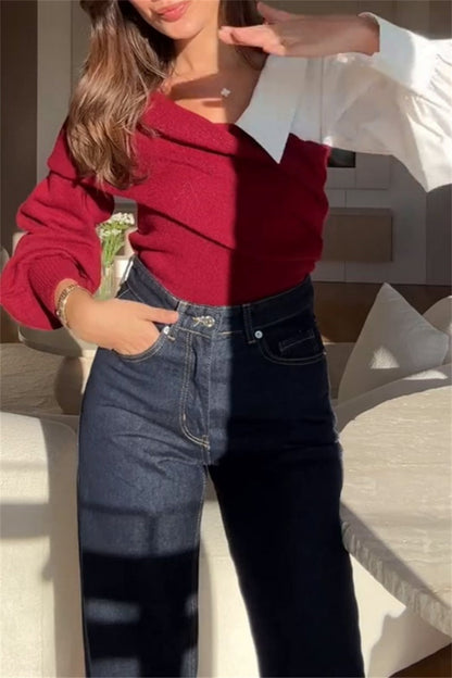 Patchwork Contrast V Neck Sweaters