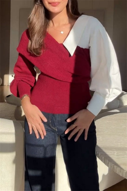 Patchwork Contrast V Neck Sweaters