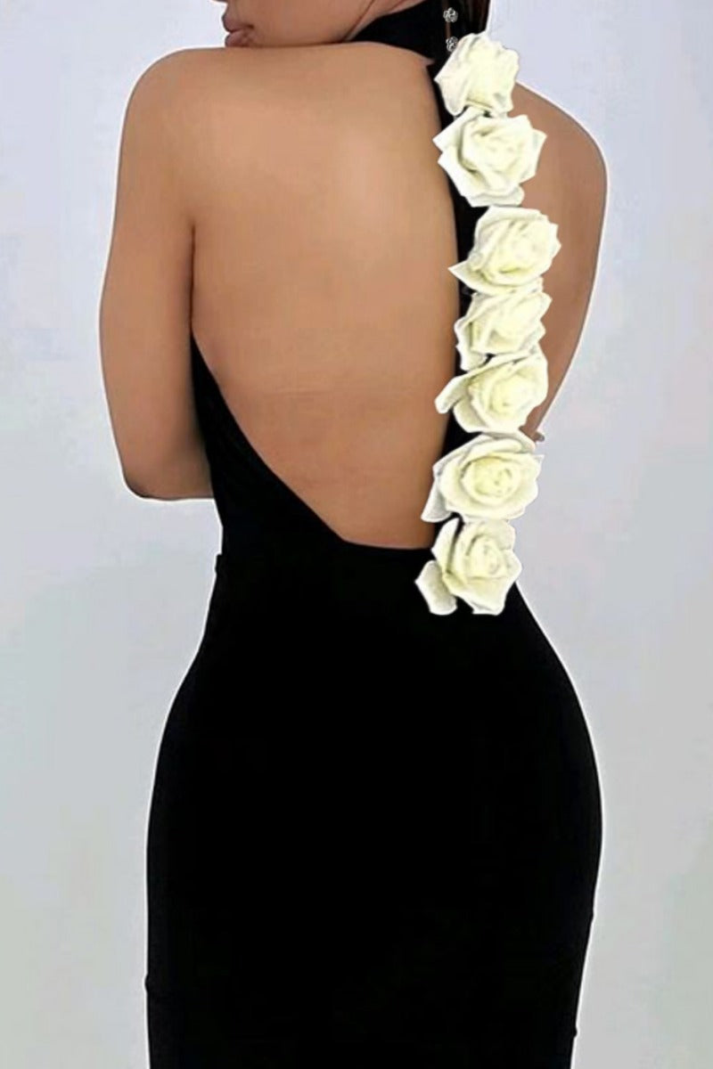 Party Hot Color Flowers Patchwork Backless Halter Wrapped Skirt Dresses