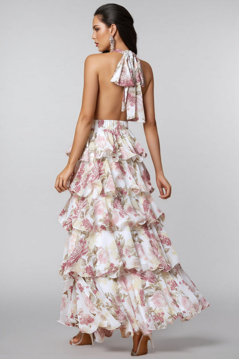 Elysiay White V-neck Printed Maxi Dress