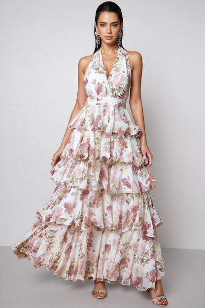 Elysiay White V-neck Printed Maxi Dress