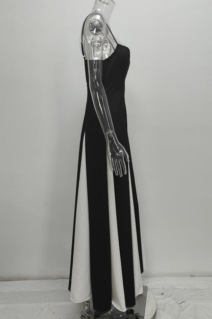 Colorblock Patchwork Backless Contrast V Neck Long Dresses