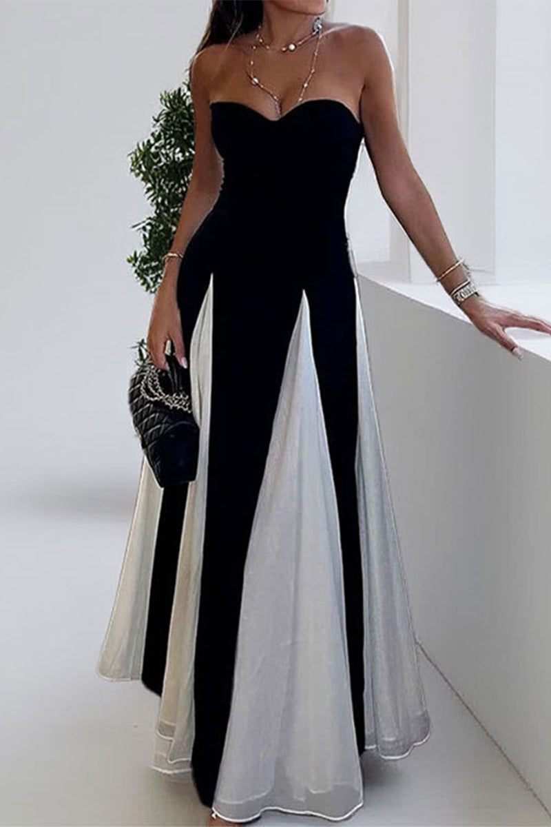 Patchwork Contrast Strapless Long Dresses