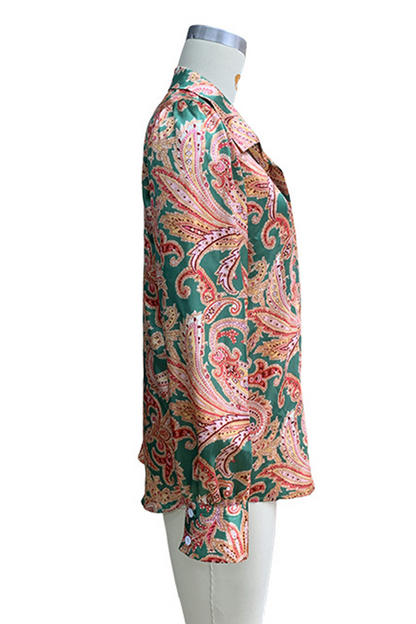 Print Contrast Turndown Collar Blouses